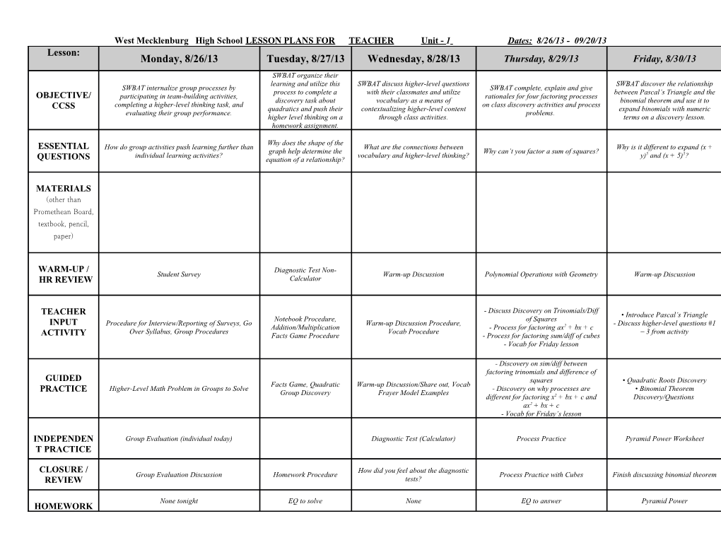 West Mecklenburg High Schoollesson PLANS for Algebra 2 TEACHER Leichner Unit - 1Dates