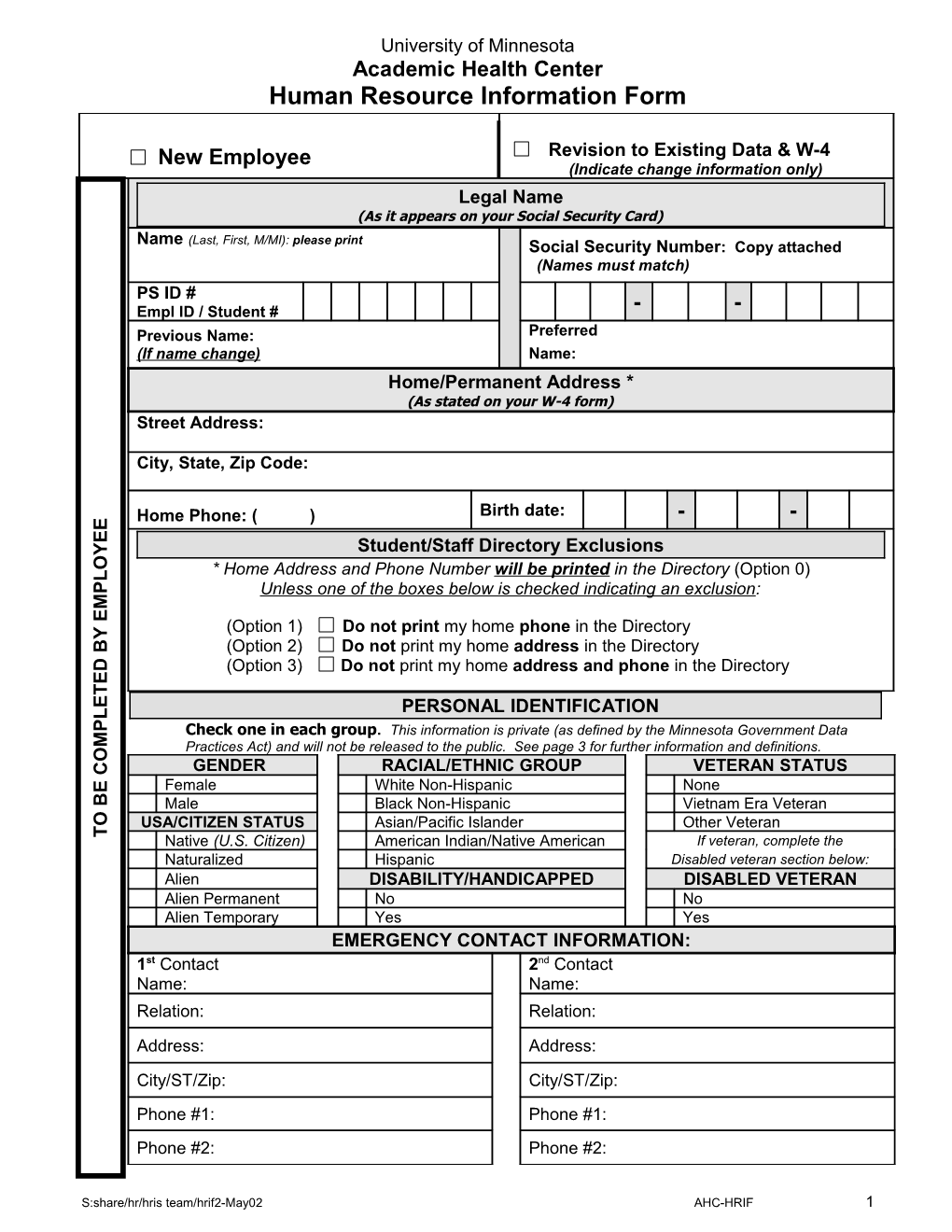 Academic Health Center Human Resource Information Form