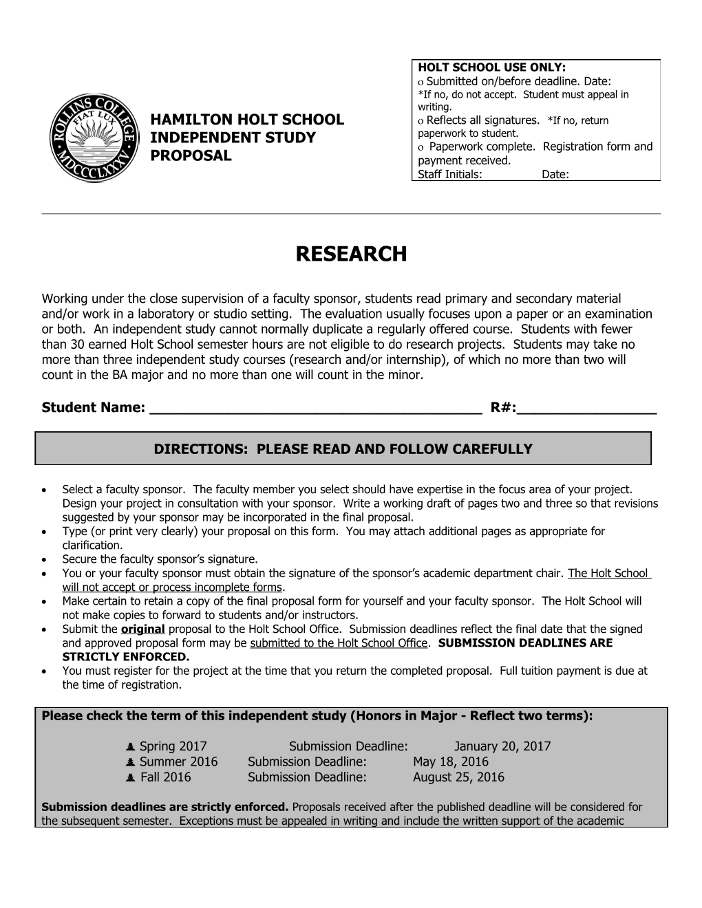 Hamilton Holt School Application for Independent Study