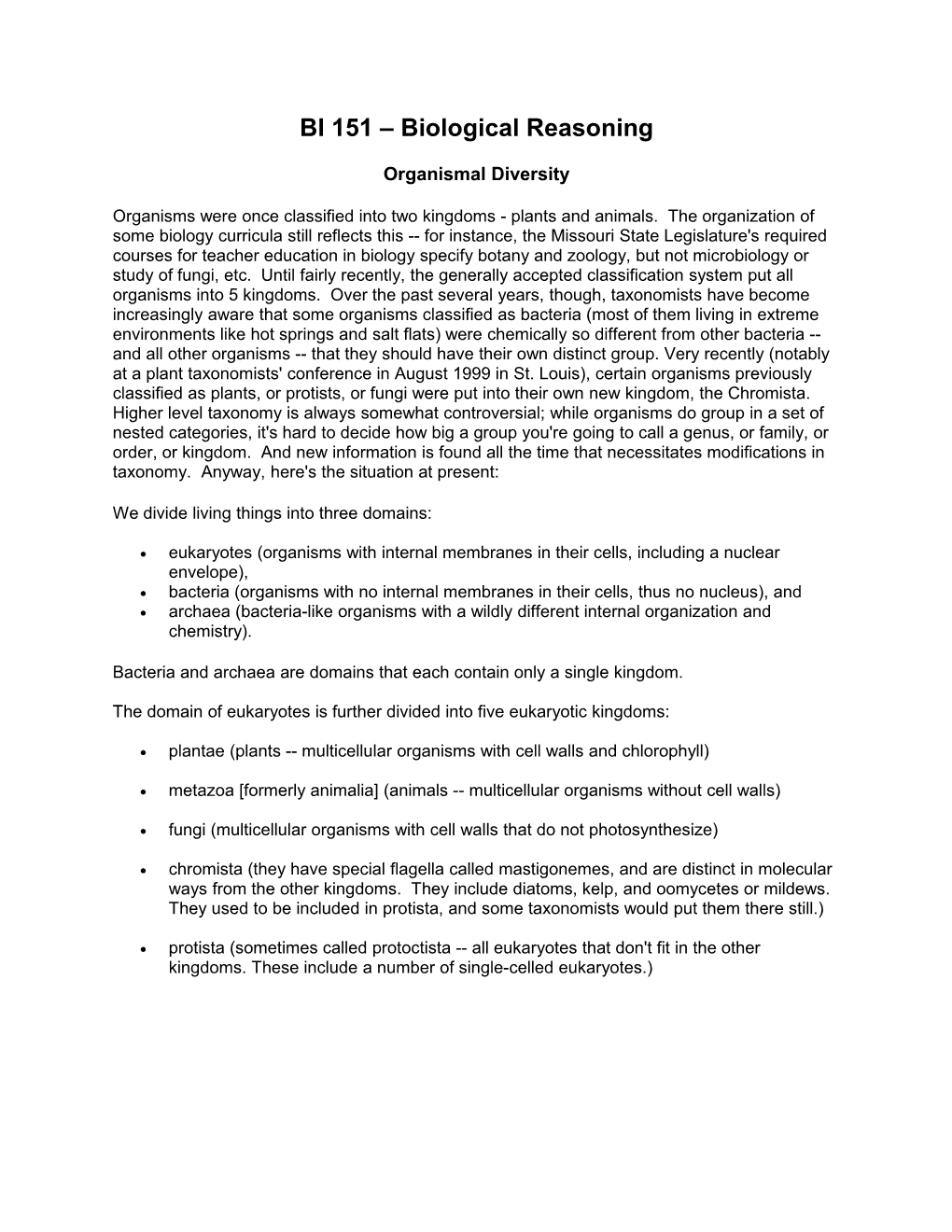 BI 151 Biological Reasoning