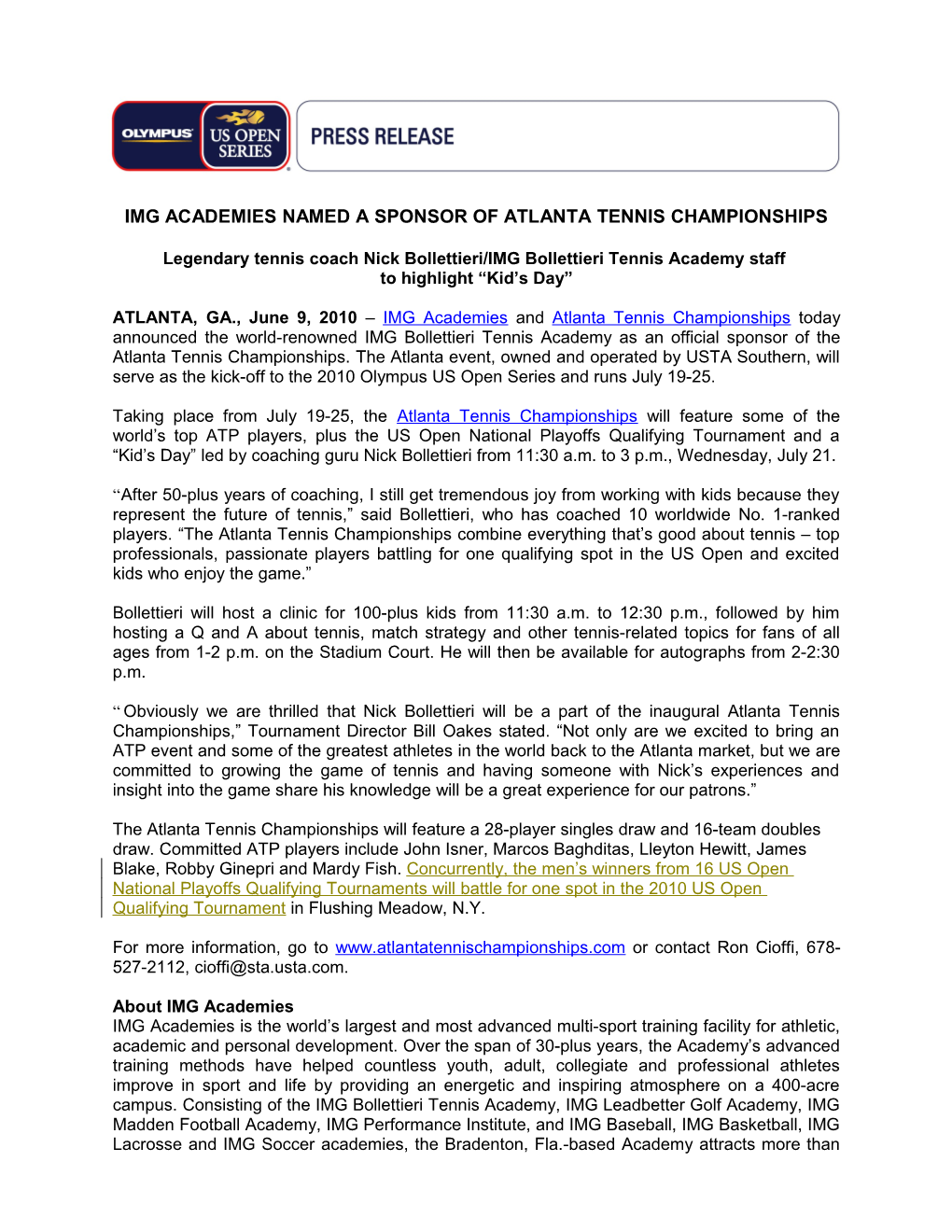 Img Academies Named a Sponsor of Atlanta Tennis Championships
