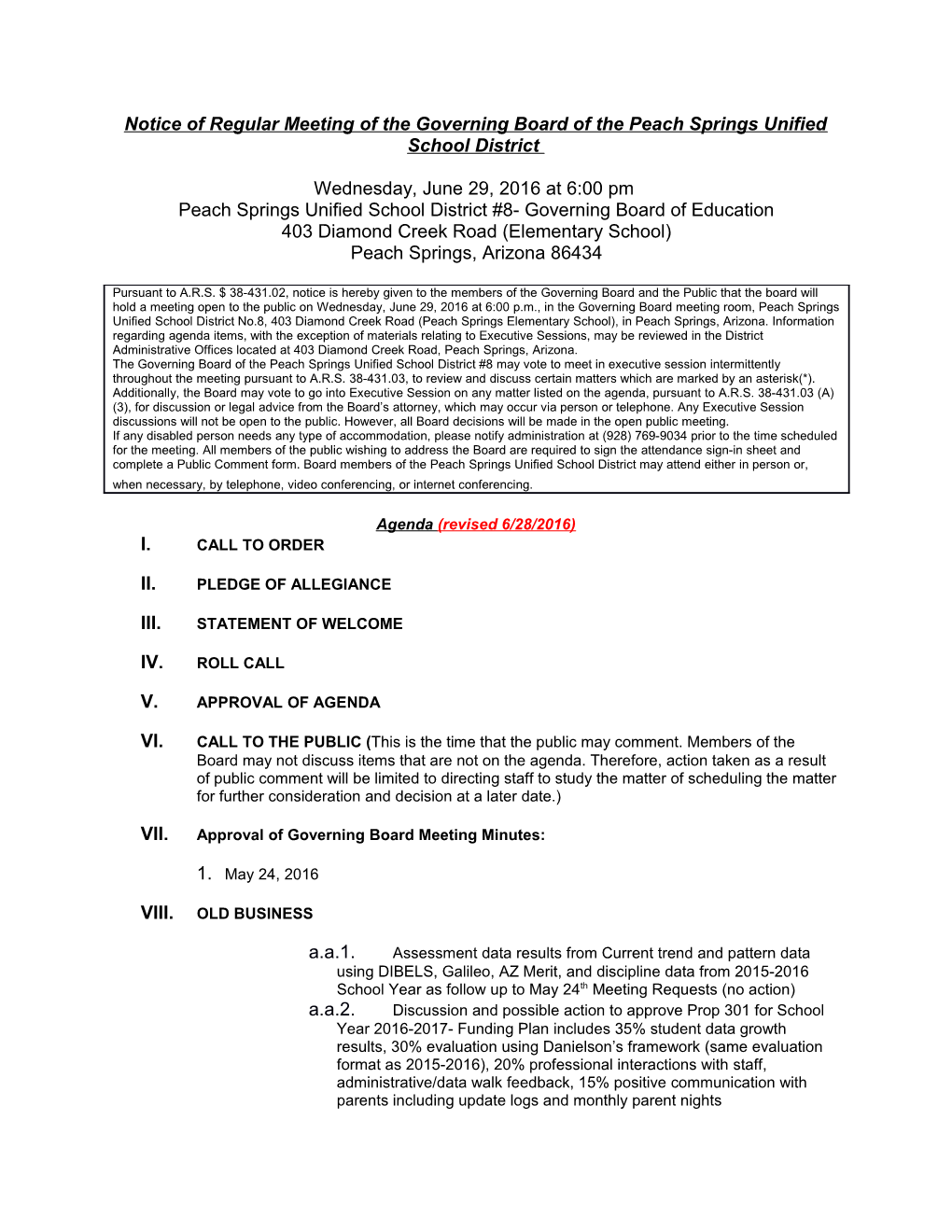 Notice of Regular Meeting of the Governing Board of the Peach Springs Unified School District