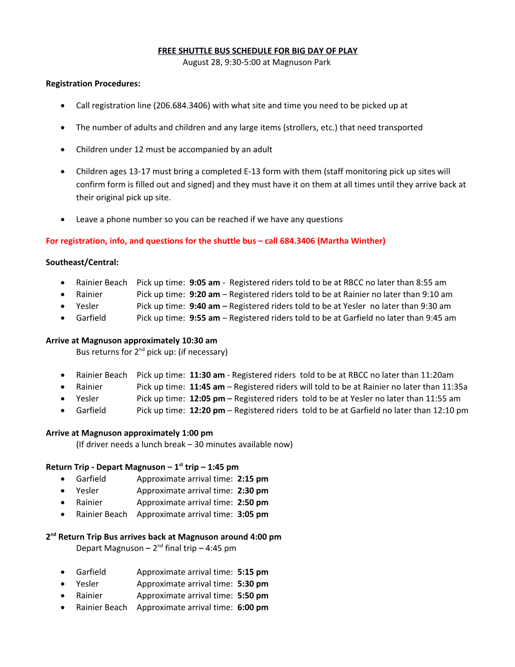 Free Shuttle Bus Schedule for Big Day of Play