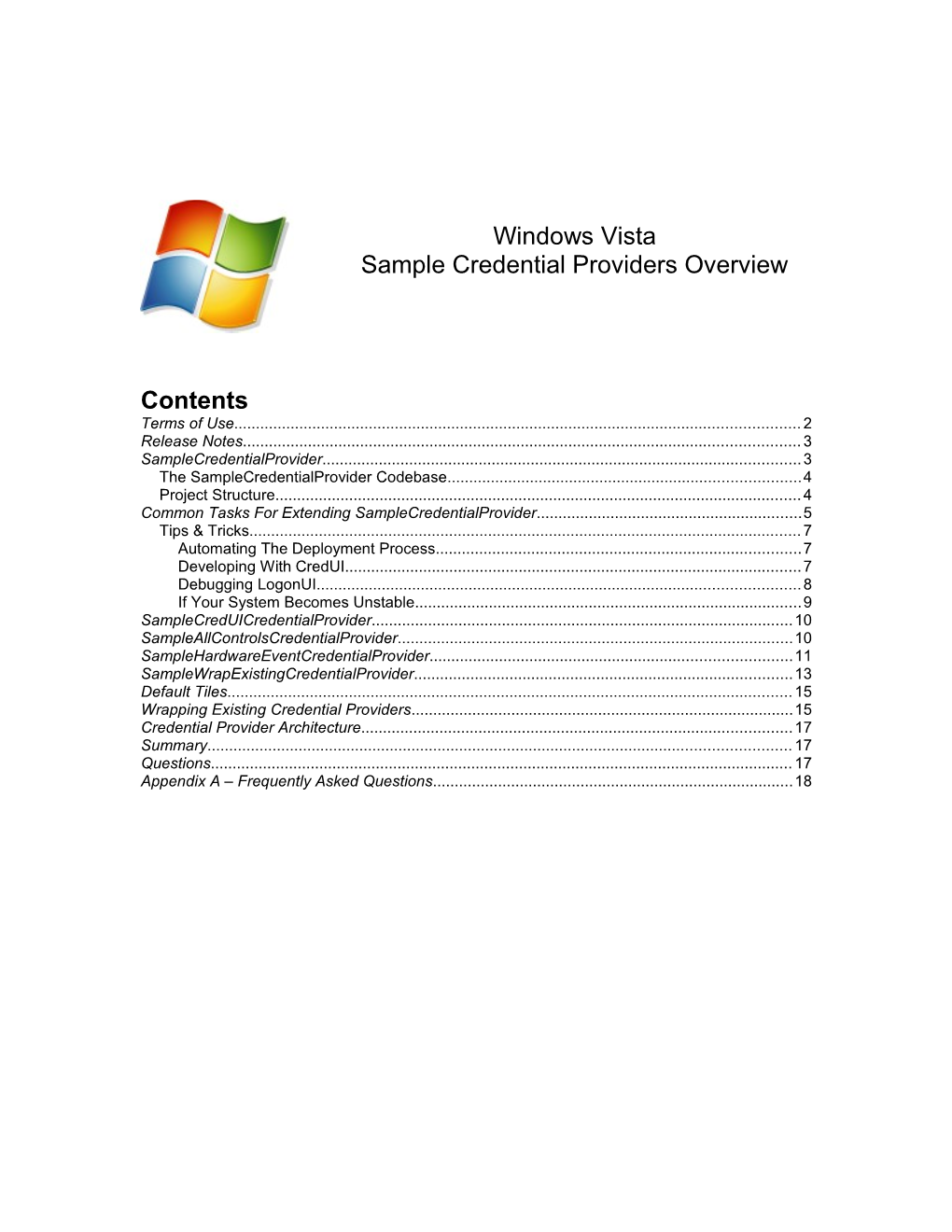 Windows Vista Sample Credential Provider Samples Overview