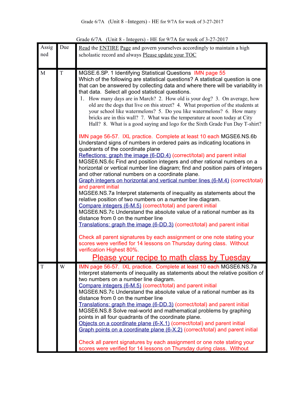 Grade 6/7A (Unit 8 Integers) - HE for 9/7A for Week of 3-27-2017