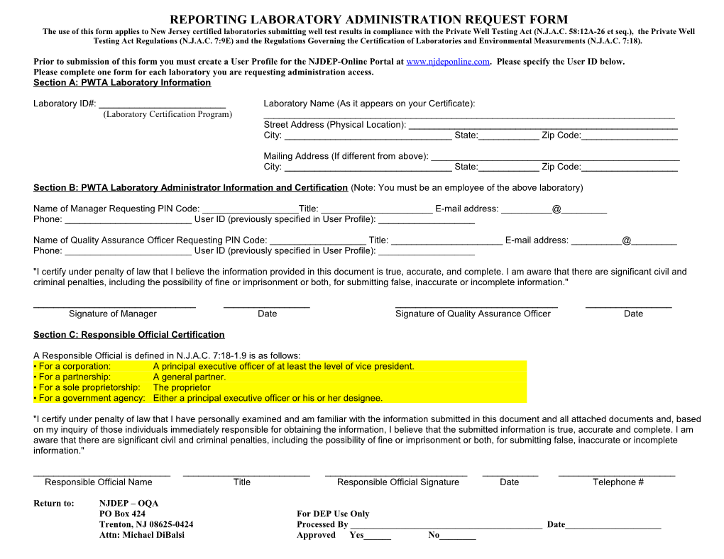 Reporting Laboratory Administration Request Form