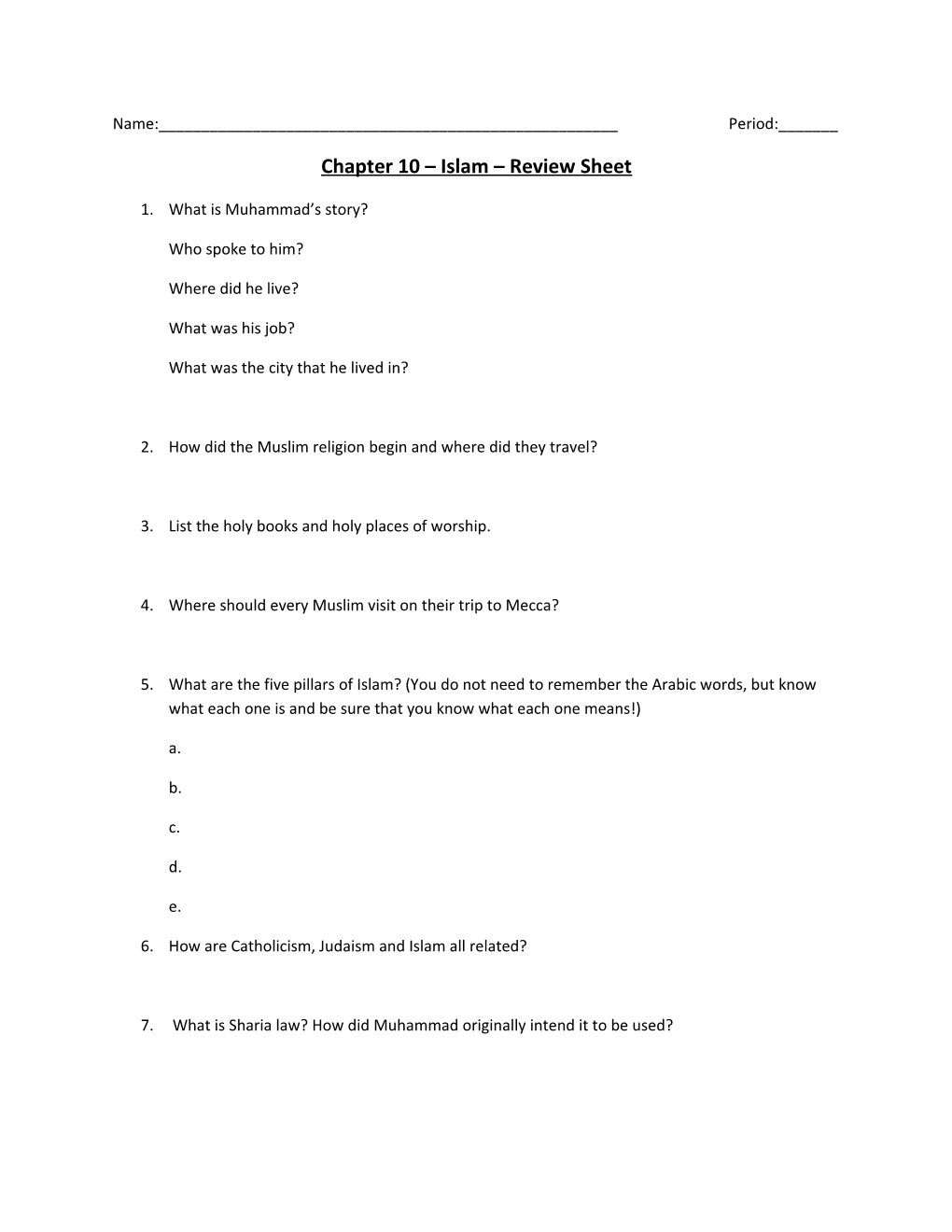 Chapter 10 Islam Review Sheet