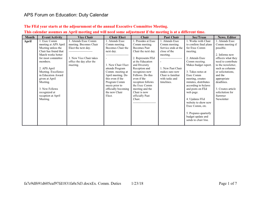 Calendar for the APS Forum on Education