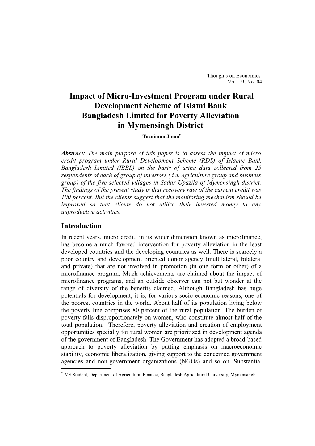Impact of Micro-Credit Program Under Rural Development Scheme of Islamic Bangladesh Limited