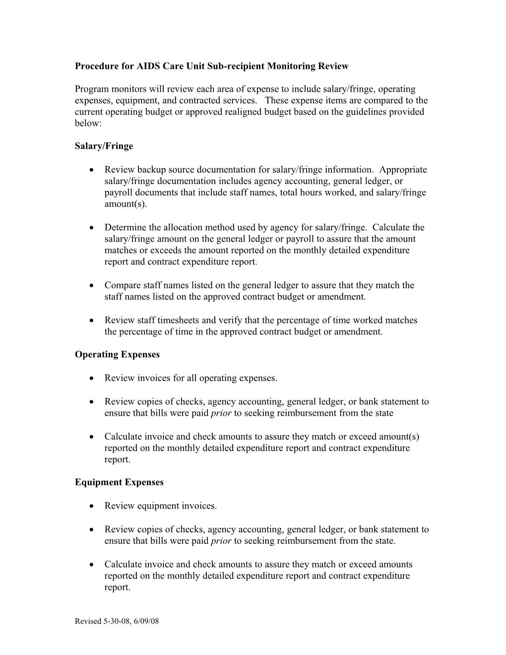 Procedure For AIDS Care Unit Sub - Recipient Monitoring Review