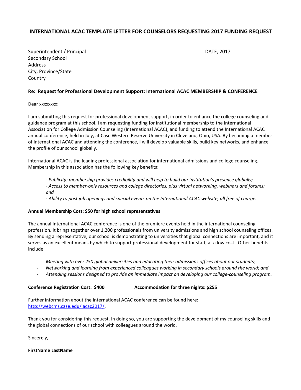 International Acac Template Letter for Counselors Requesting 2017 Funding Request