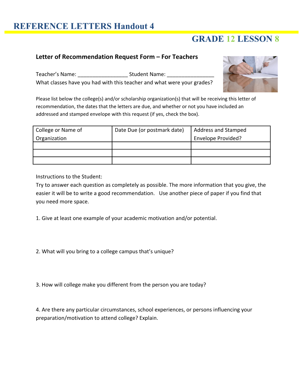 Letter of Recommendation Request Form for Teachers
