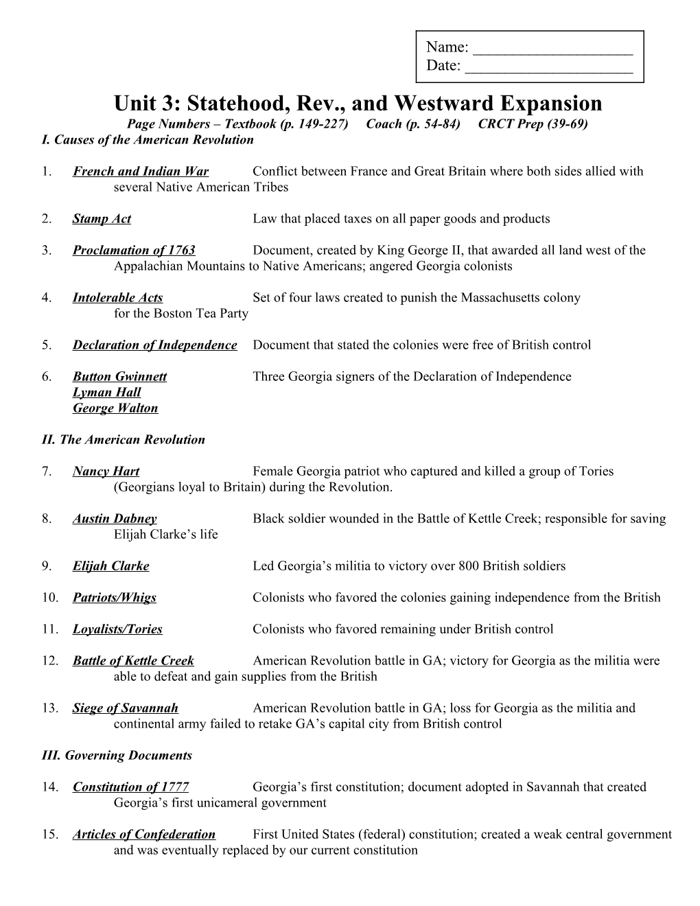 Unit 3: Statehood, Rev., and Westward Expansion