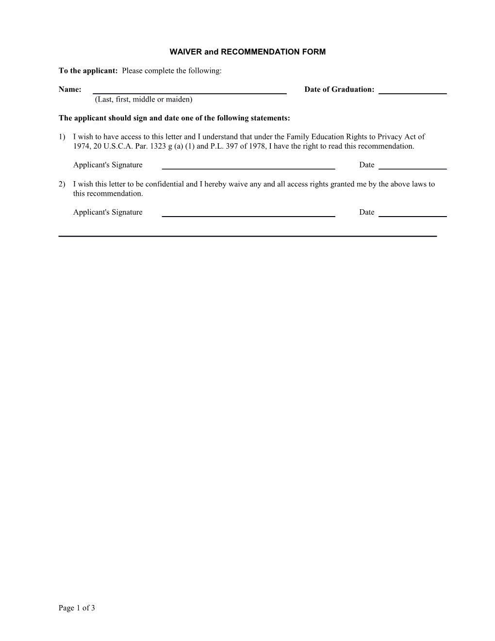Waiver and Recommendation Form