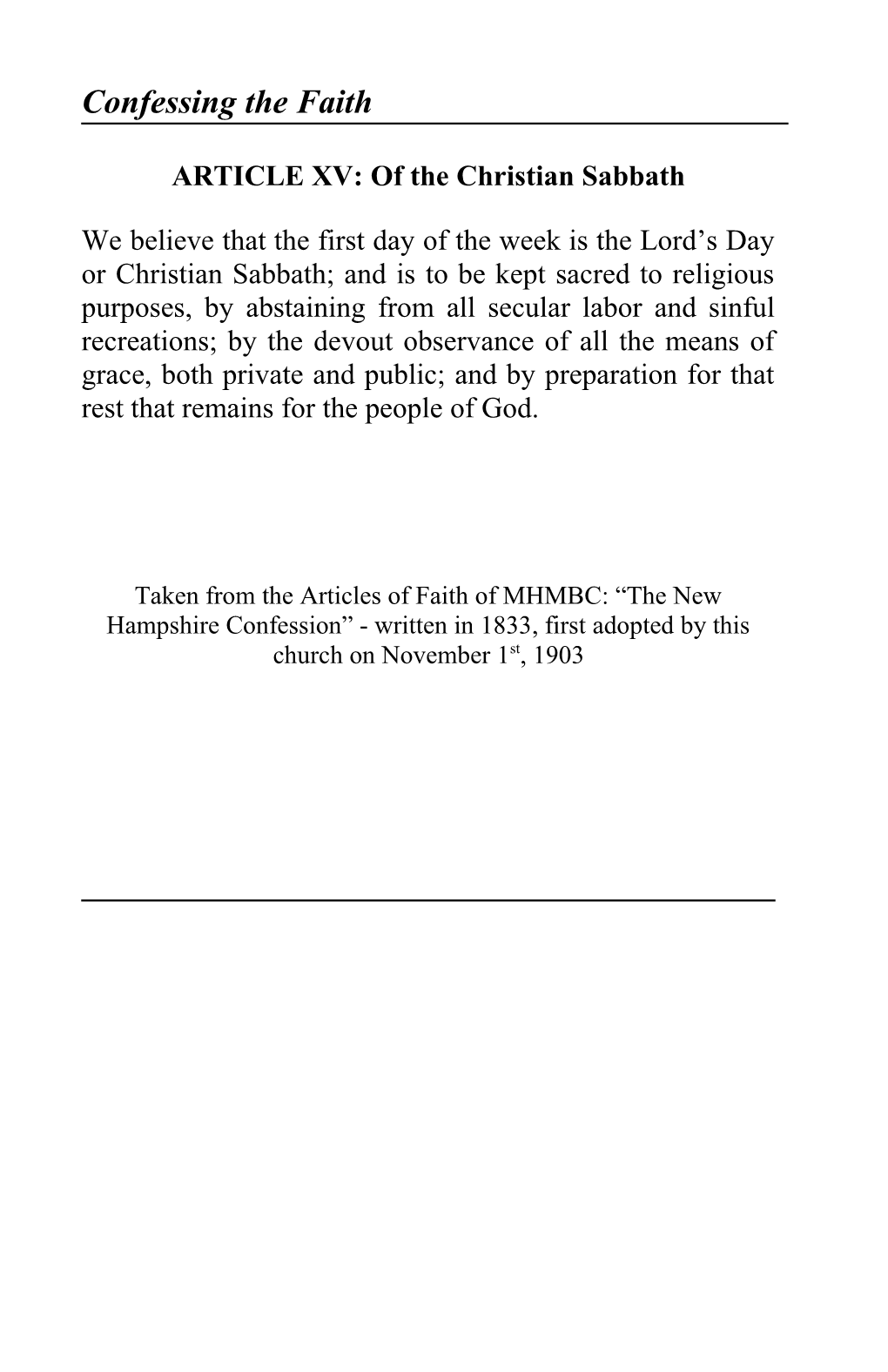 ARTICLE XV: of the Christian Sabbath