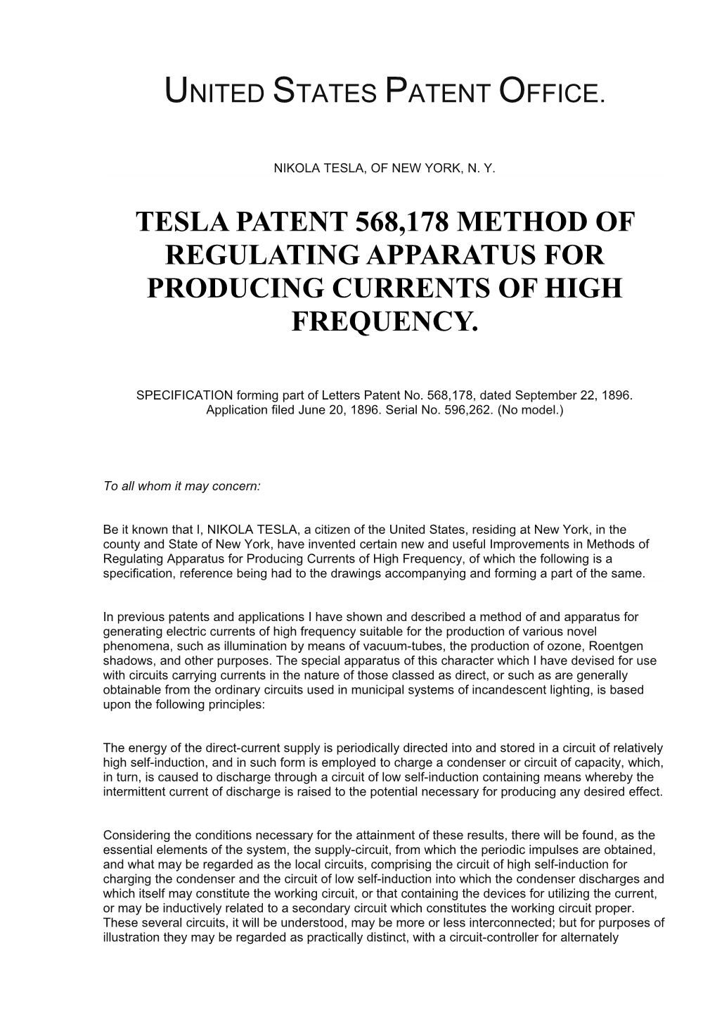 Tesla Patent 568,178 Method of Regulating Apparatus for Producing Currents of High Frequency