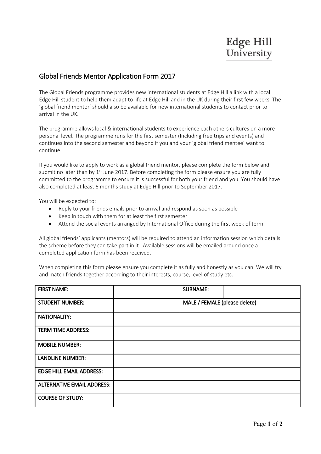 Global Friends Mentor Application Form 2017