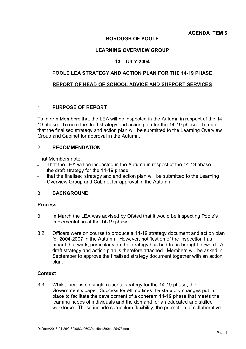 Poole LEA Strategy and Action Plan for the 14-19 Phase