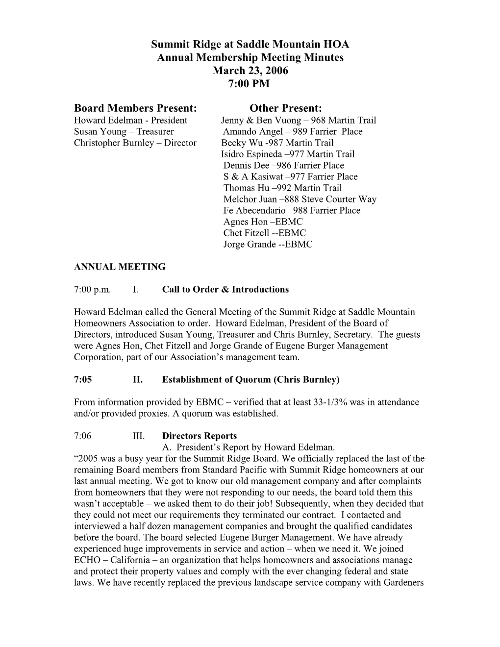 Minutes of General Meeting - Summit Ridge - March 23, 2006