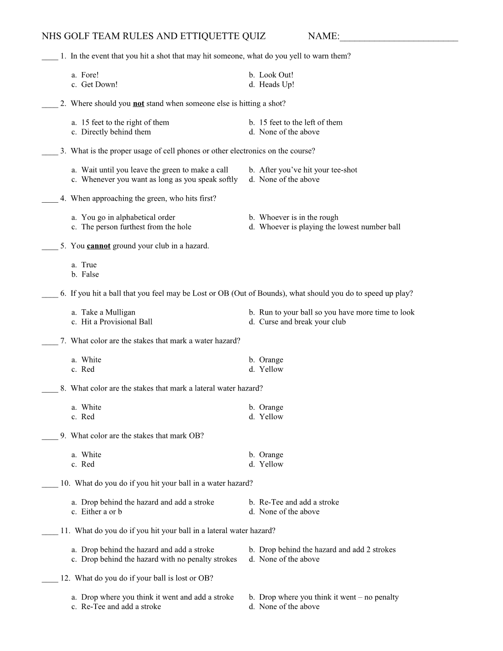 Nhs Golf Team Rules and Ettiquette Quiz