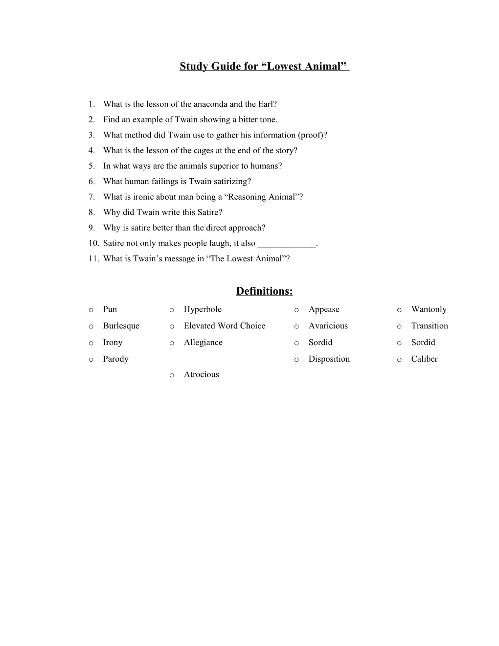 Study Guide for Lowest Animal and Satire Test