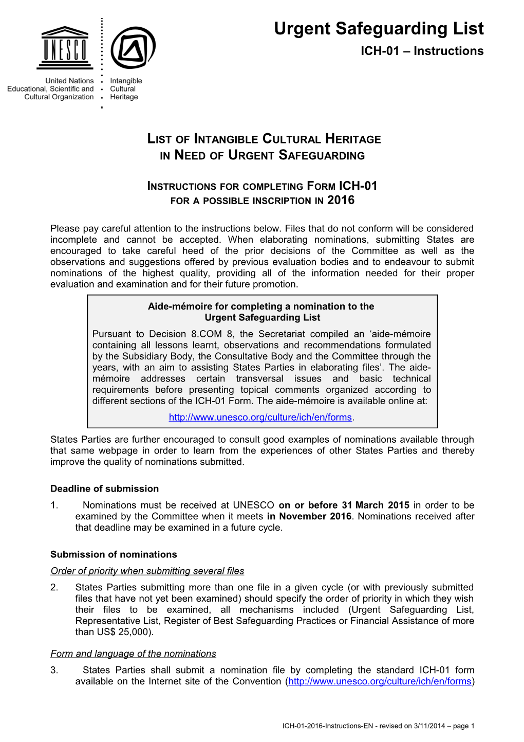 Instructions for Completing Form ICH-01 for a Possible Inscription in 2016