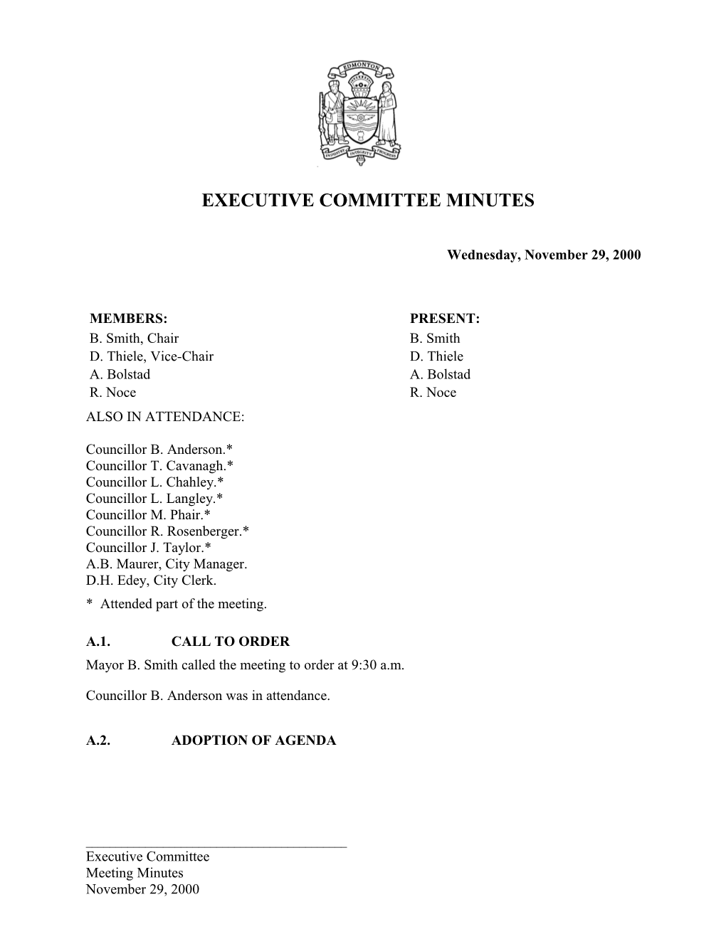 Minutes for Executive Committee November 29, 2000 Meeting