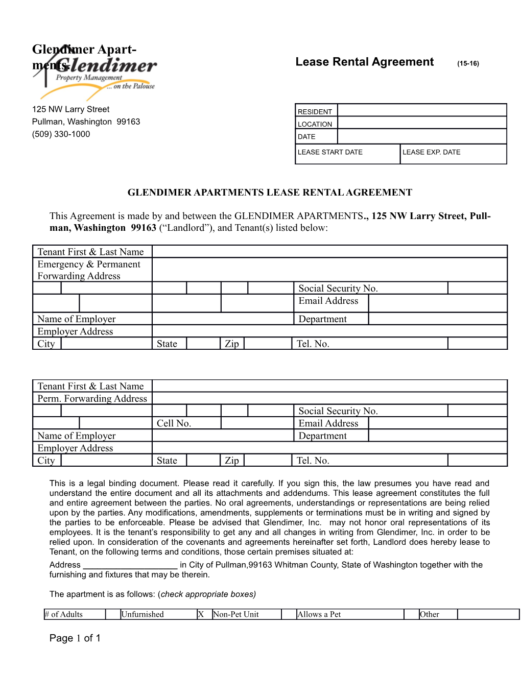 Glendimer Apartments Lease Rental Agreement