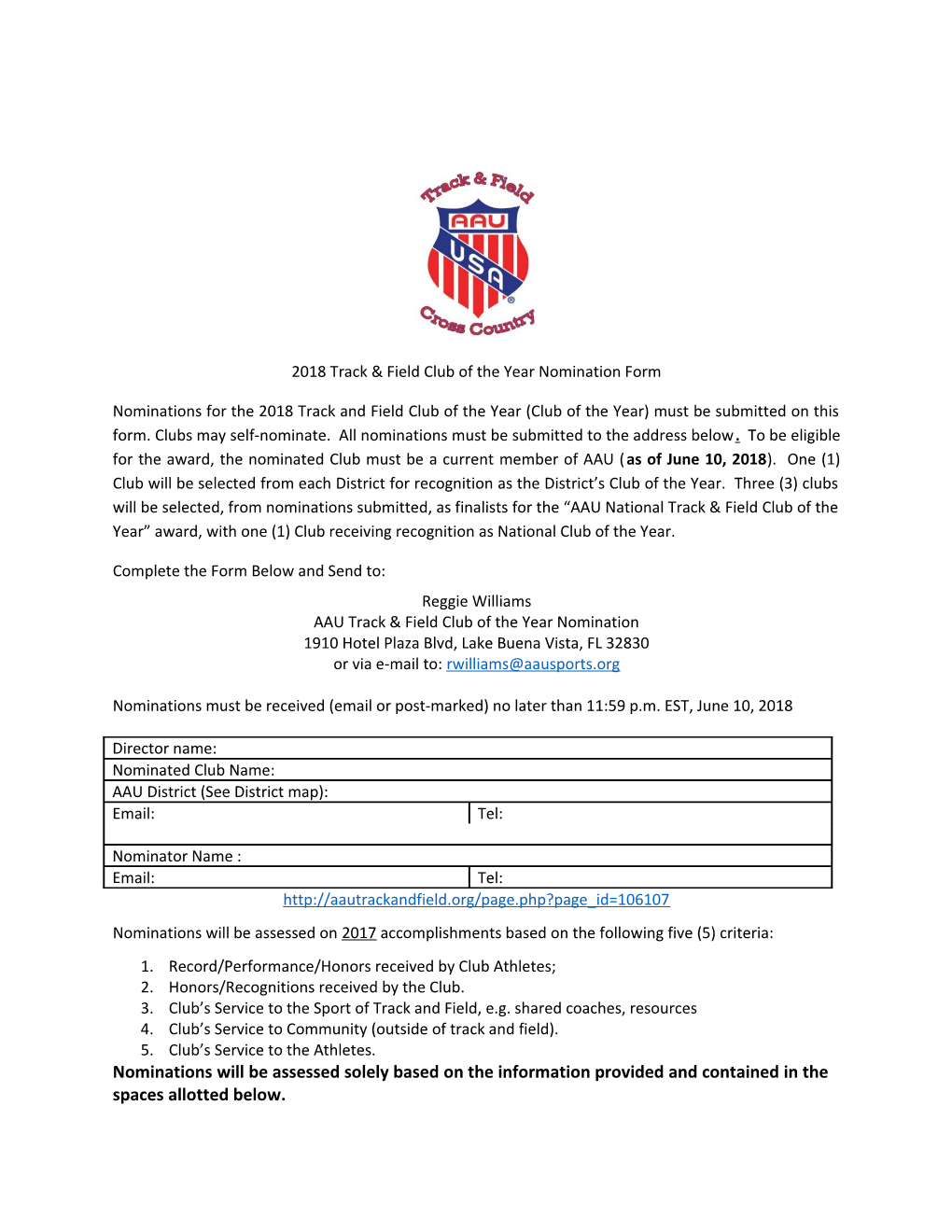 2018 Track & Field Club of the Year Nomination Form