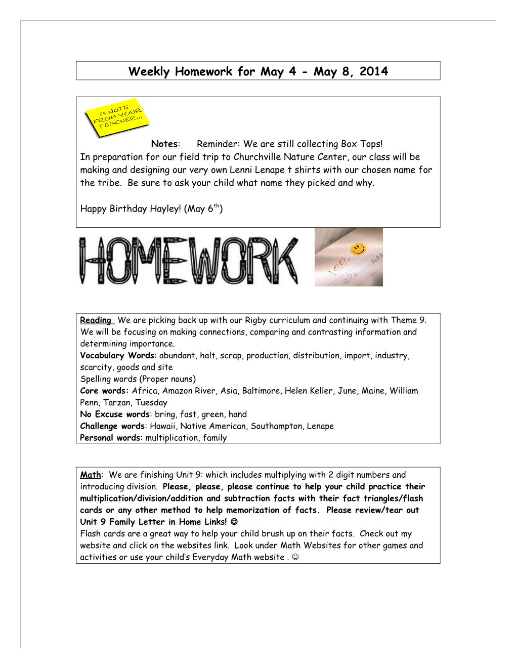 Weekly Homework for May 4 - May 8, 2014