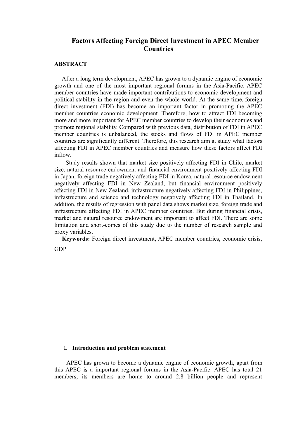 Factors Affecting Foreign Direct Investment in APEC Member Countries