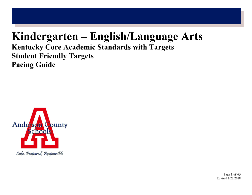 Kindergarten English/Language Arts Kentucky Core Academic Standards with Targets Student