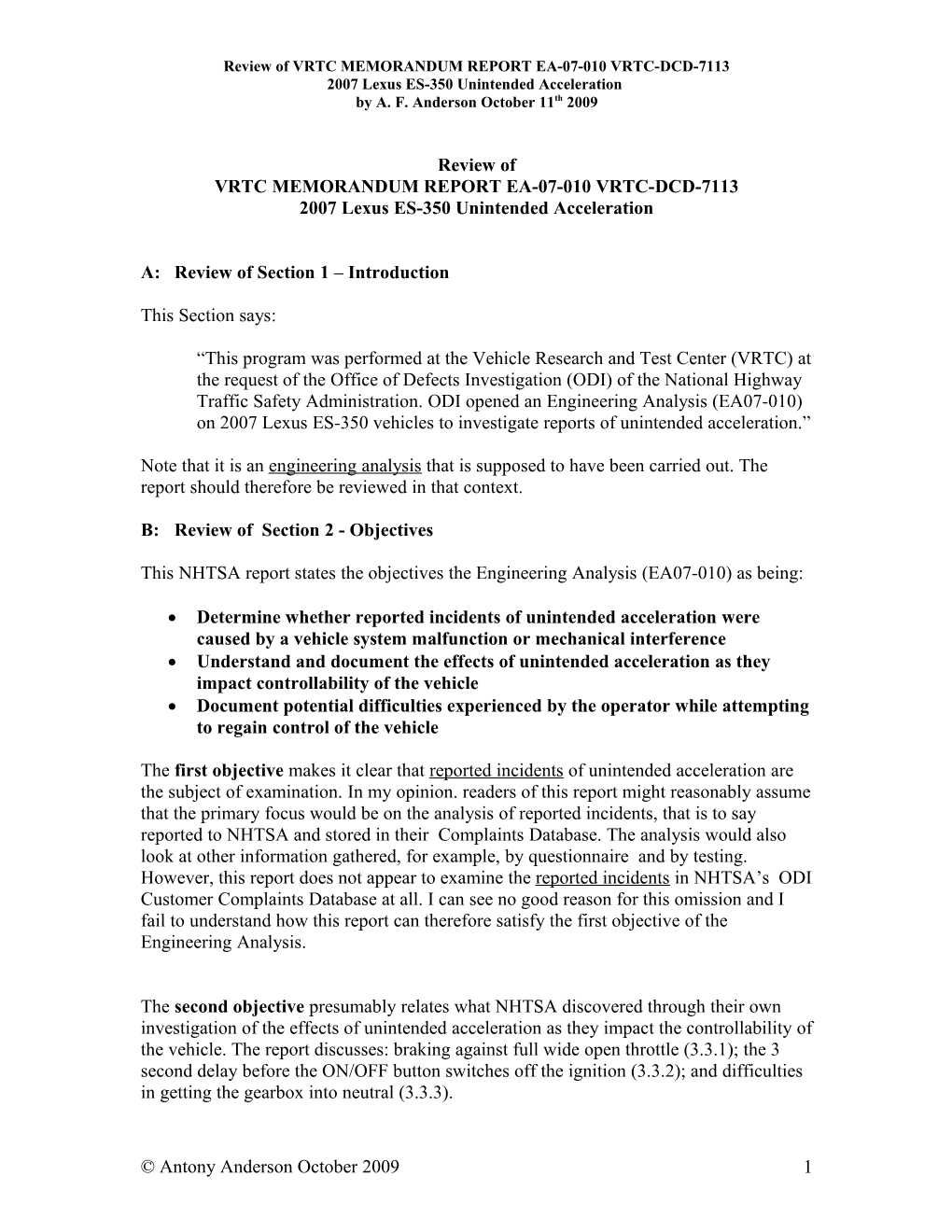 Review of VRTC MEMORANDUM REPORT EA-07-010 VRTC-DCD-7113