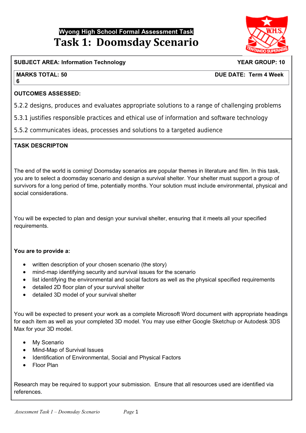 Wyong High School Formal Assessment Task