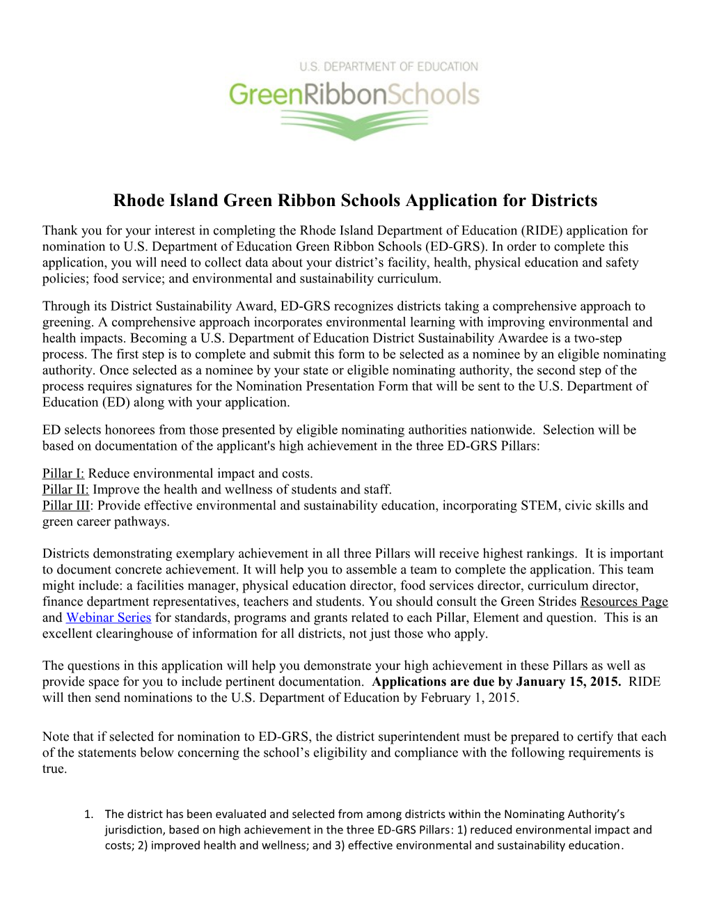 Rhode Island Green Ribbon Schools Application for Districts