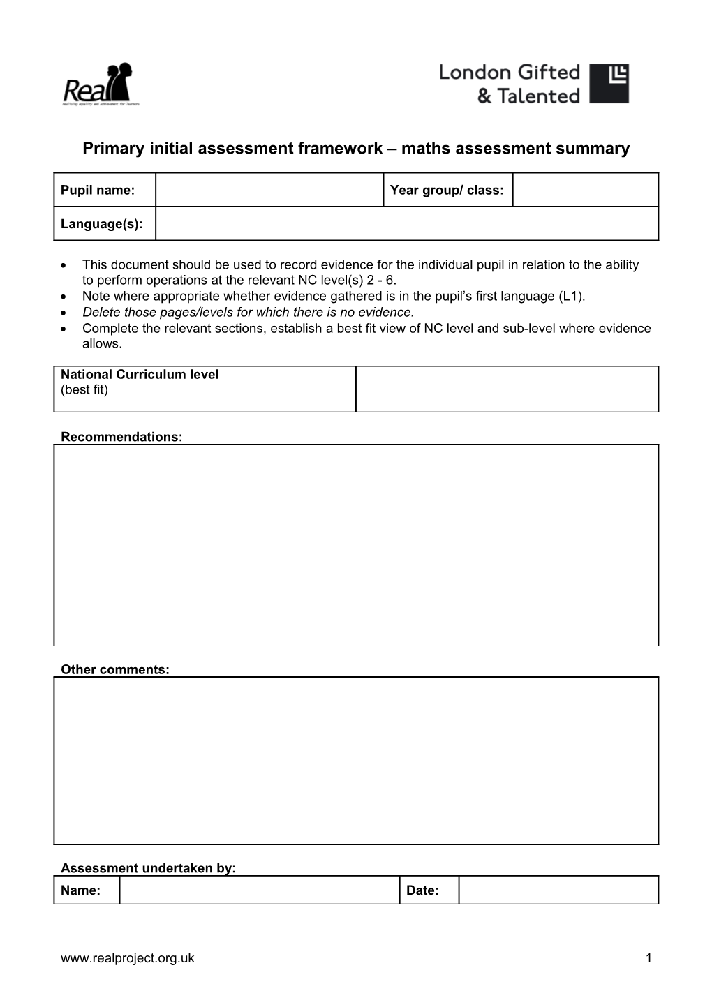 Primary Initial Assessment Framework Maths Assessment Summary