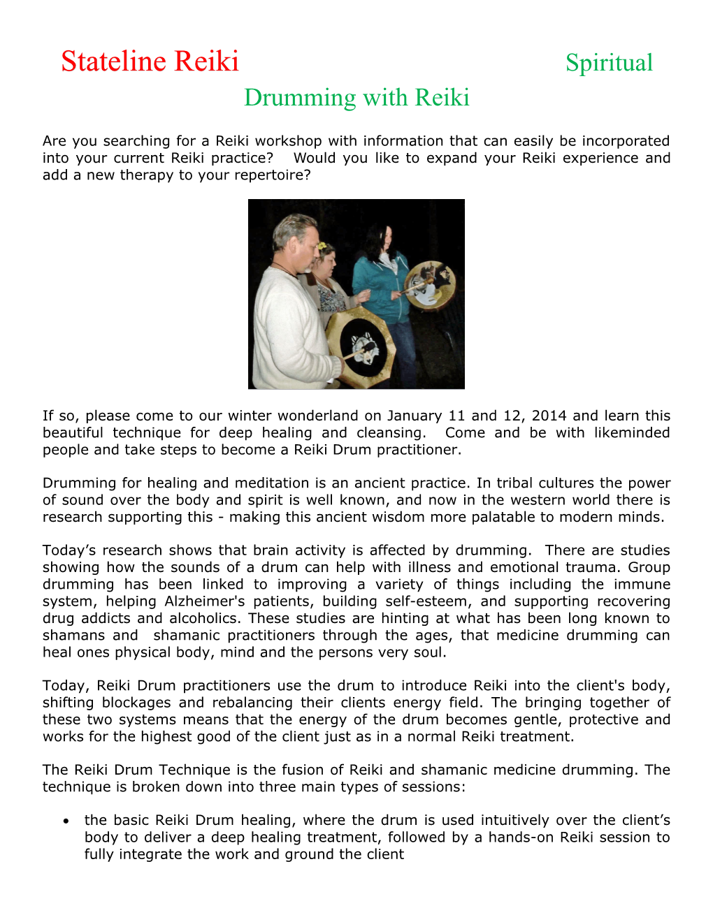 Stateline Reiki Spiritual Drumming with Reiki