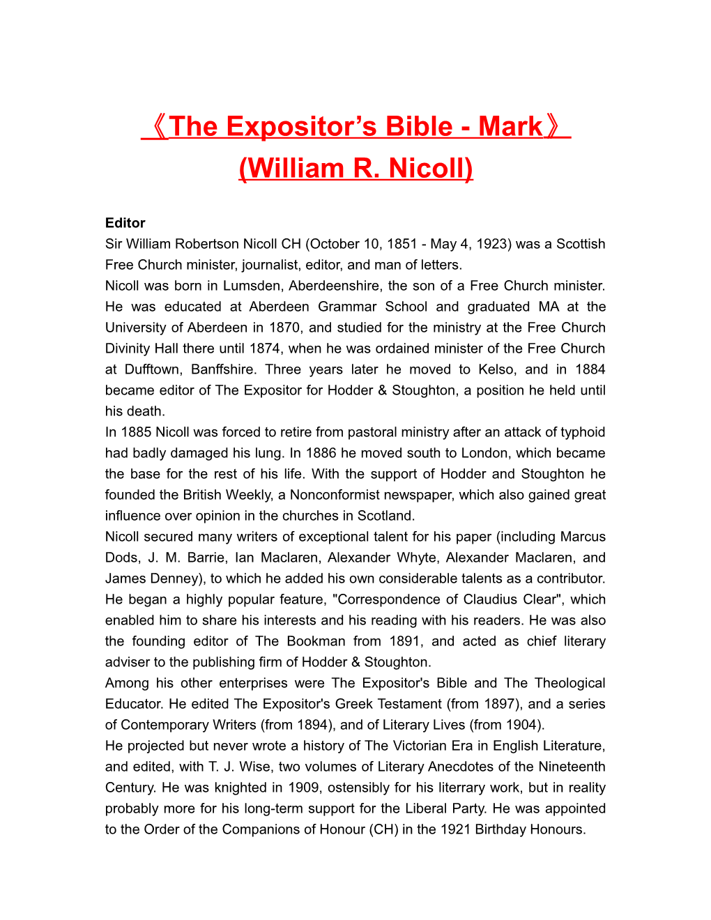 The Expositor S Bible - Mark (William R. Nicoll)