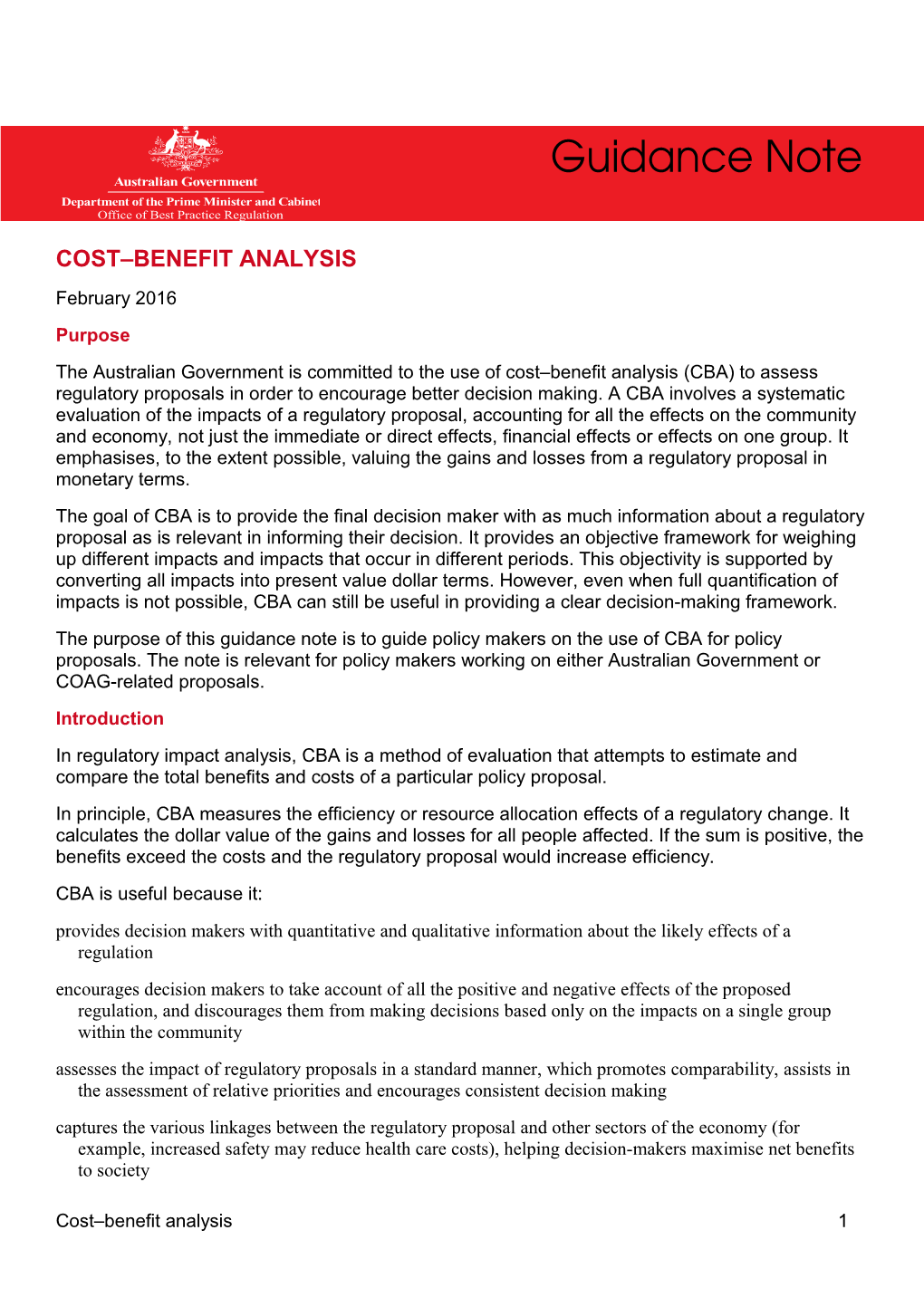 Cost Benefit Analysis Guidance Note