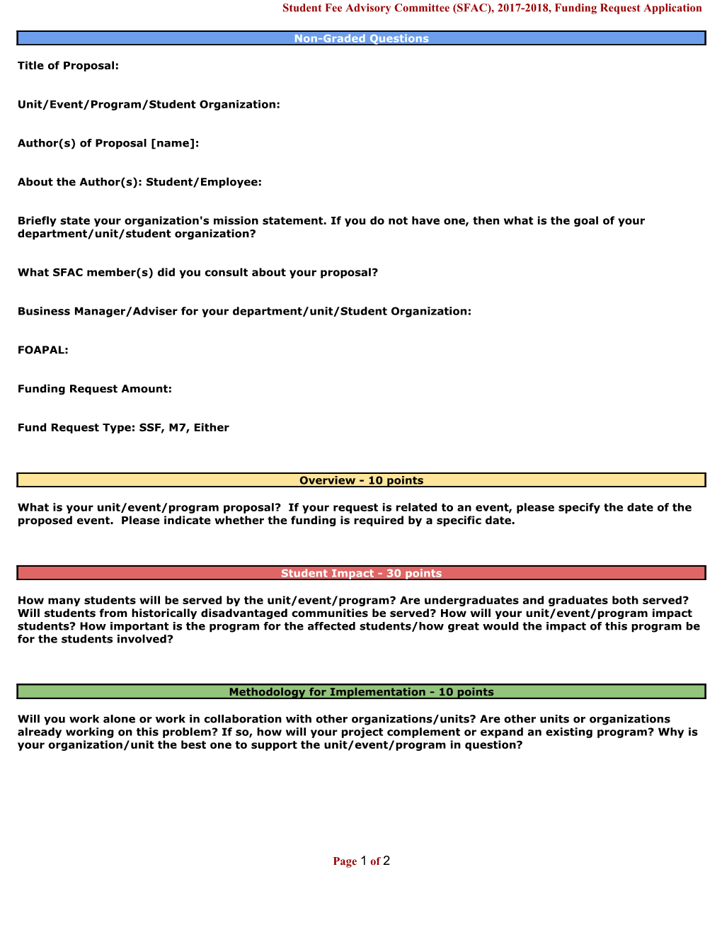 Student Fee Advisory Committee (SFAC), 2017-2018, Funding Request Application