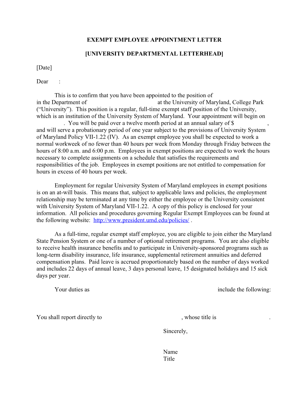 Exempt Employee Appointment Letter