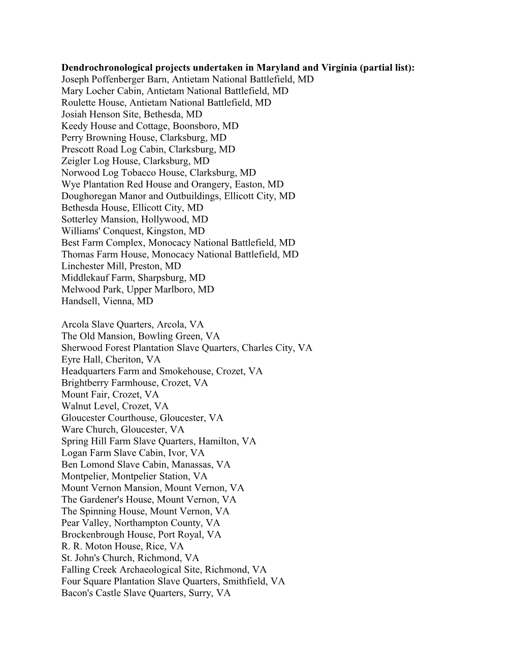 Dendrochronological Projects Undertaken in Maryland and Virginia (Partial List)