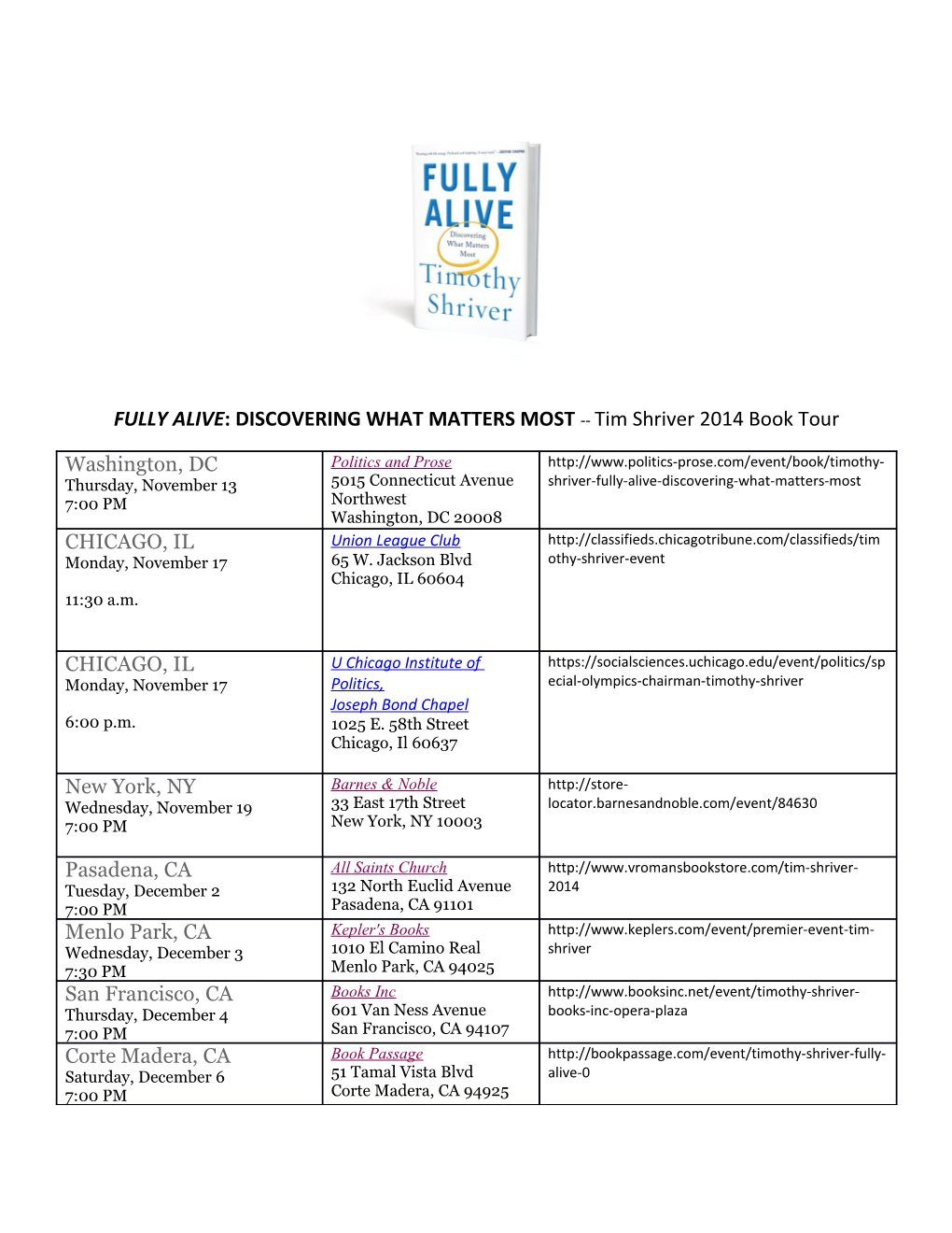 FULLY ALIVE: DISCOVERING WHAT MATTERS MOST Tim Shriver 2014 Book Tour