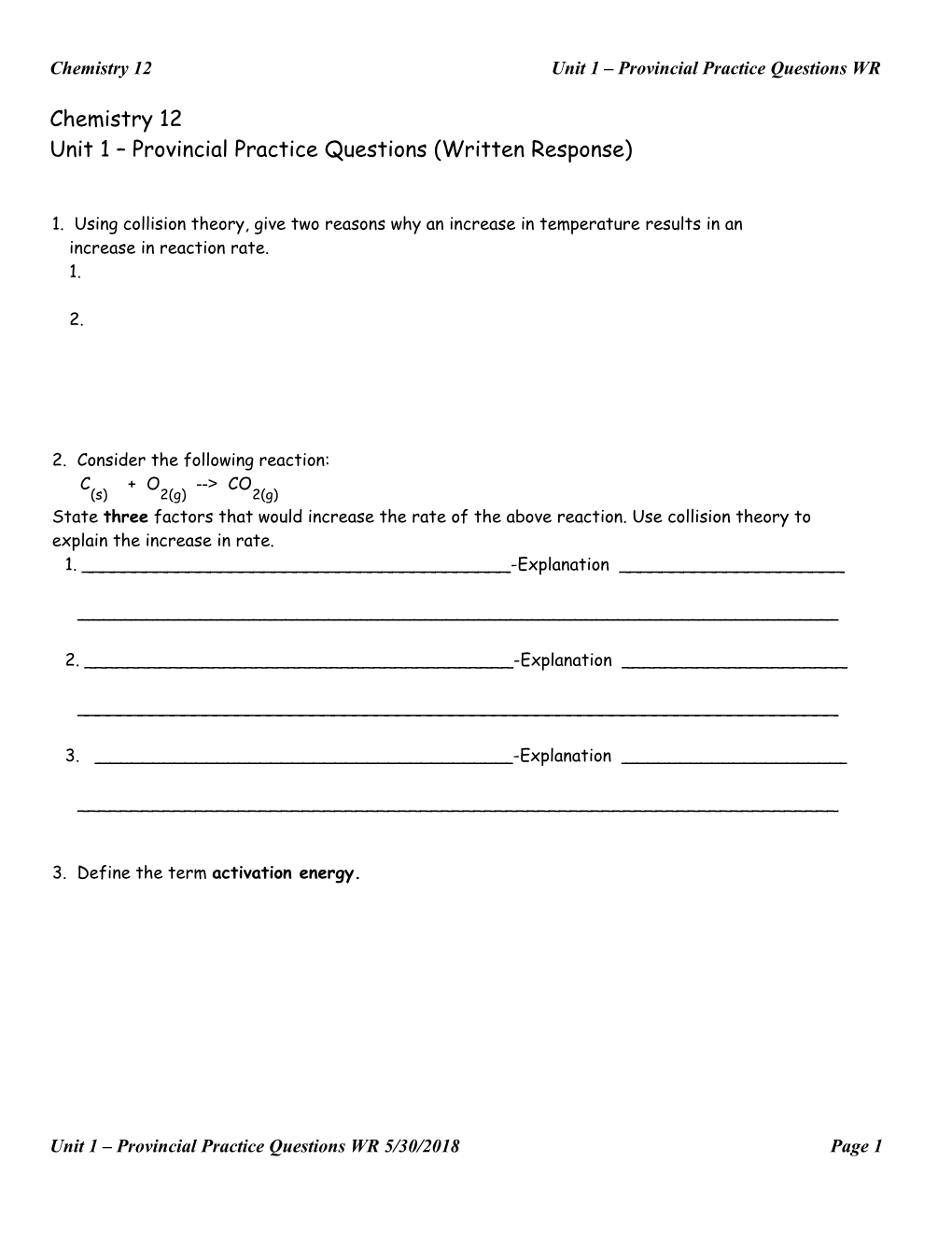 Chemistry 12 Unit 1 Provincial Practice Questions WR