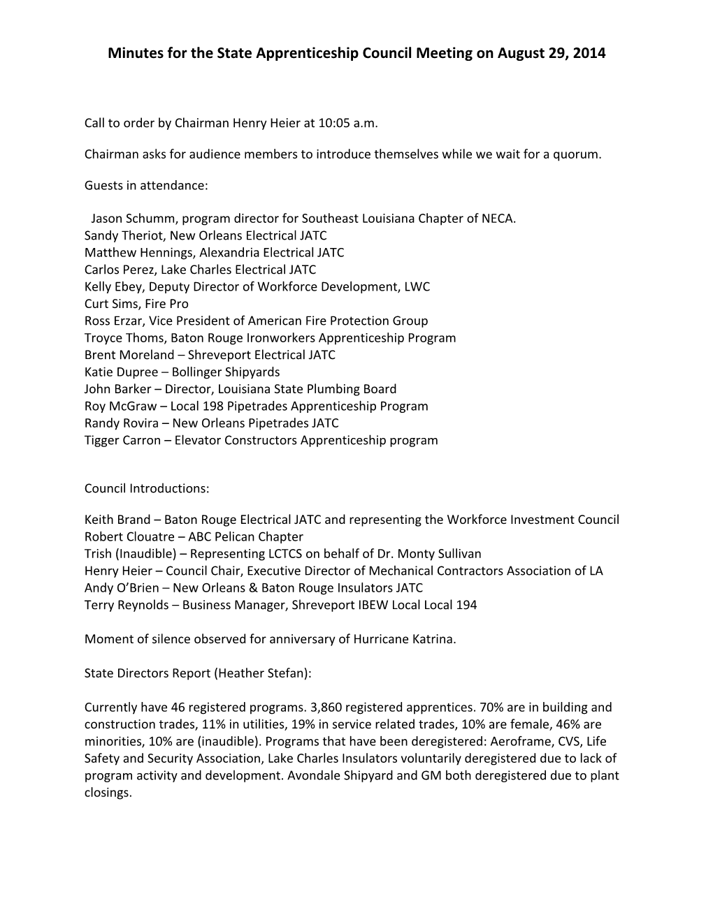 Minutes for the State Apprenticeship Council Meeting on August 29, 2014