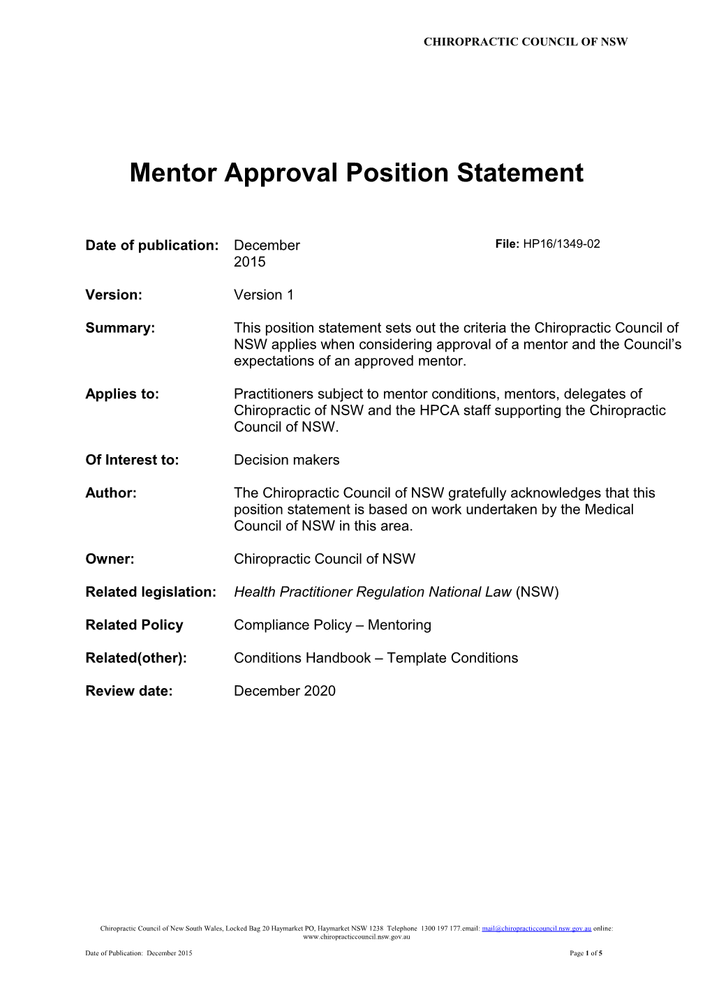 Mentor Approval Position Statement