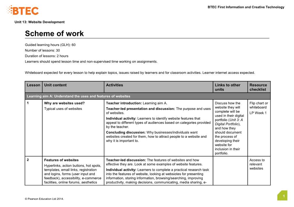 Unit 13: Website Development - Scheme of Work (Version 1 Sept 14)