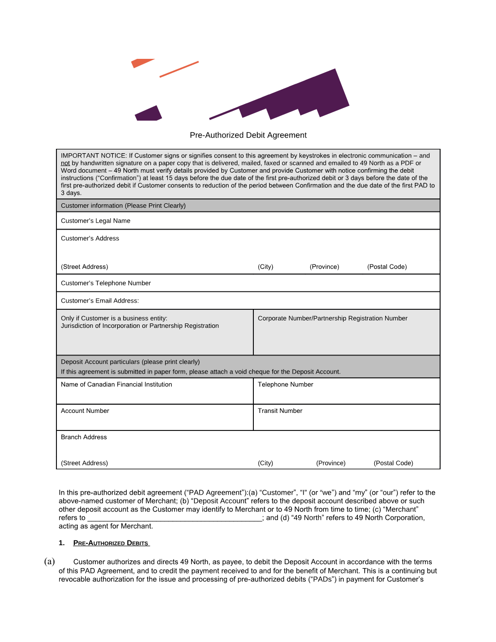 Pre-Authorized Debit Agreement