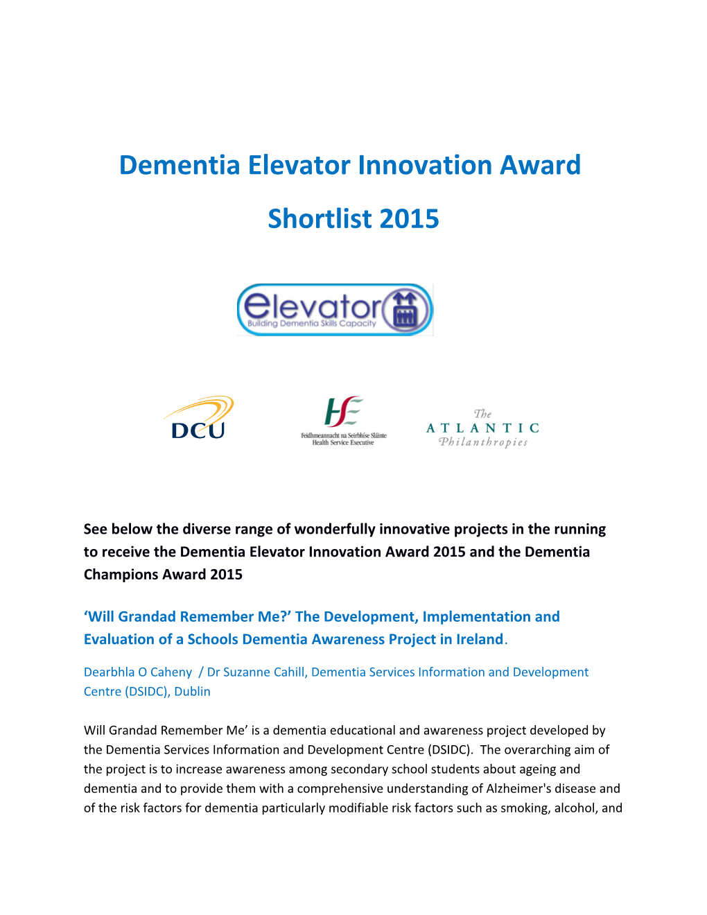 Dementia Elevator Innovation Award