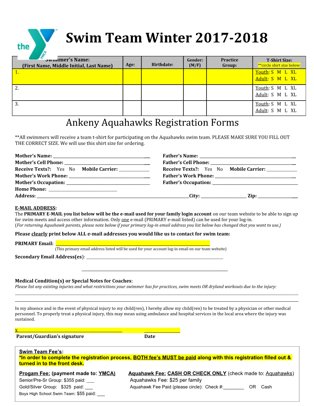 Ankeny Aquahawks Registration Forms